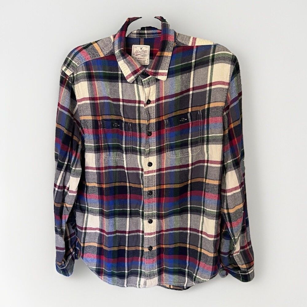 American Eagle Heritage Flannel Shirt Blue Plaid Long Sleeve Mens Size M Soft